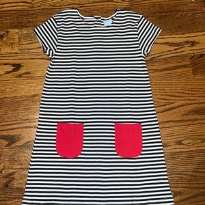 Bella Bliss girls navy and white striped crewneck t-shirt dress with red pockets